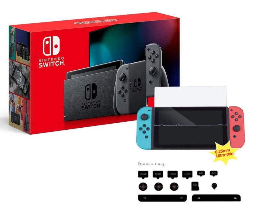 NSW Console With Grey Joycon (Refresh) | NSW Dobe Dust-Proof Kit Include Rubber Plug & Toughened Glass Film (TNS-862) Bundle - DataBlitz