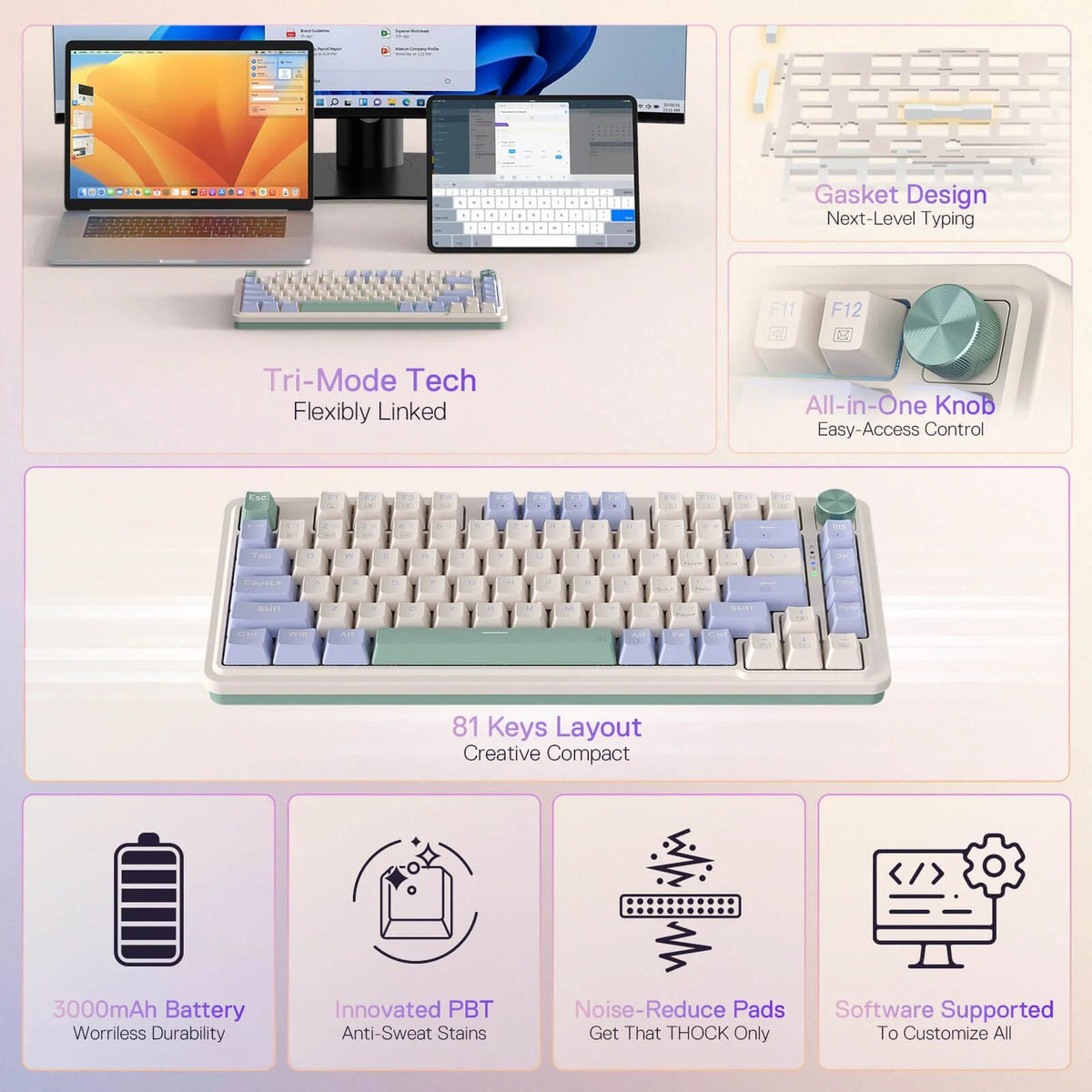Redragon Ucal Pro RGB Wireless 75% Gasket Hot-Swappable Mechanical Keyboard w/ Knob