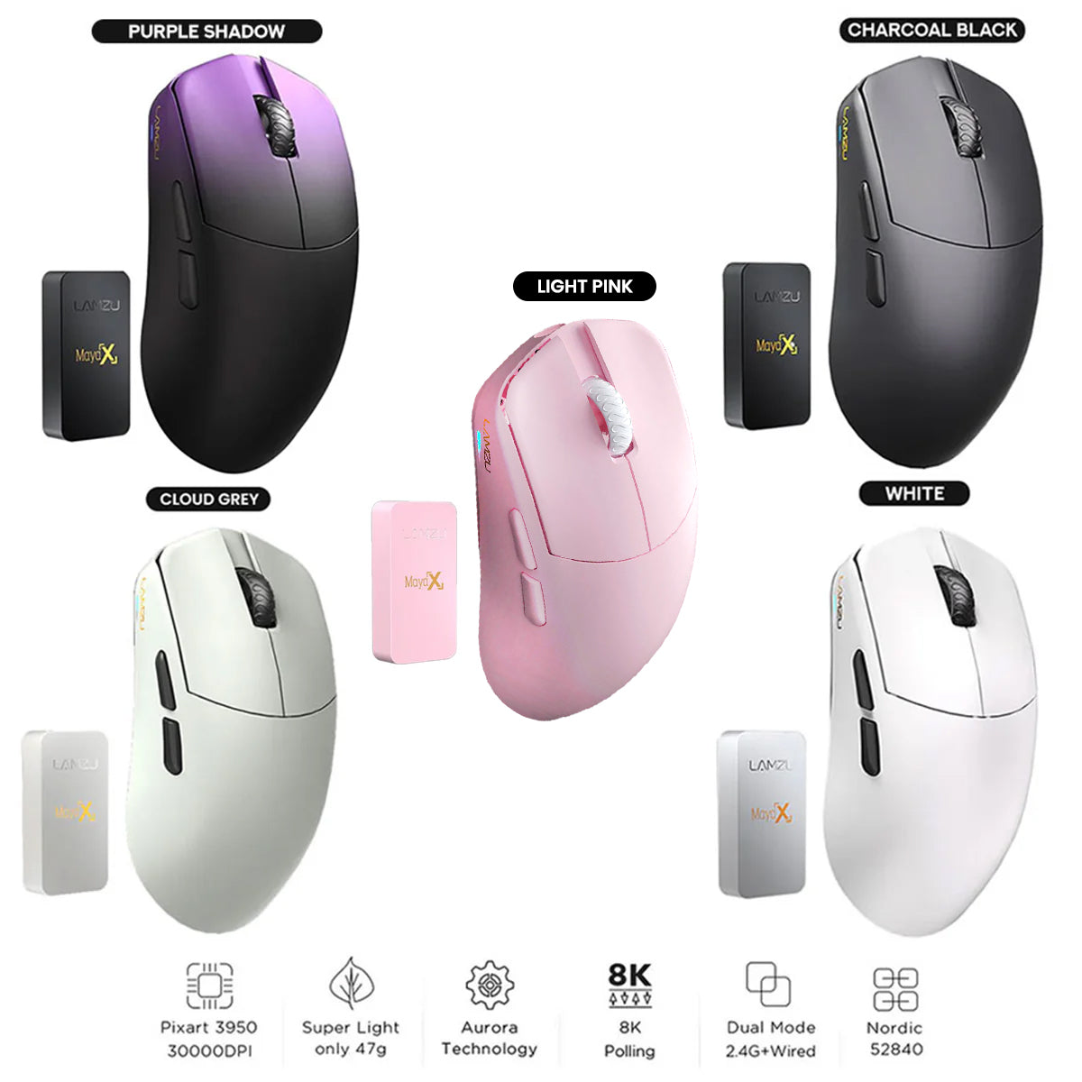 Lamzu Maya X 8K Superlight Wireless Gaming Mouse (Purple Shadow, Charc