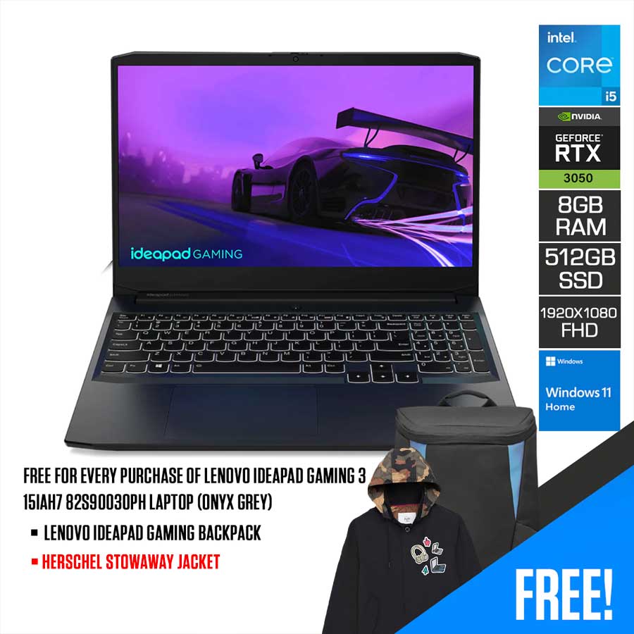 Lenovo Ideapad Gaming 3 15IAH7 82S90030PH Laptop (Onyx Grey ) | 15.6" FHD | i5-12500H | 8GB DDR4 | 512GB M.2 SSD | RTX 3050 | Windows 11 Home | Lenovo Ideapad Gaming Backpack
