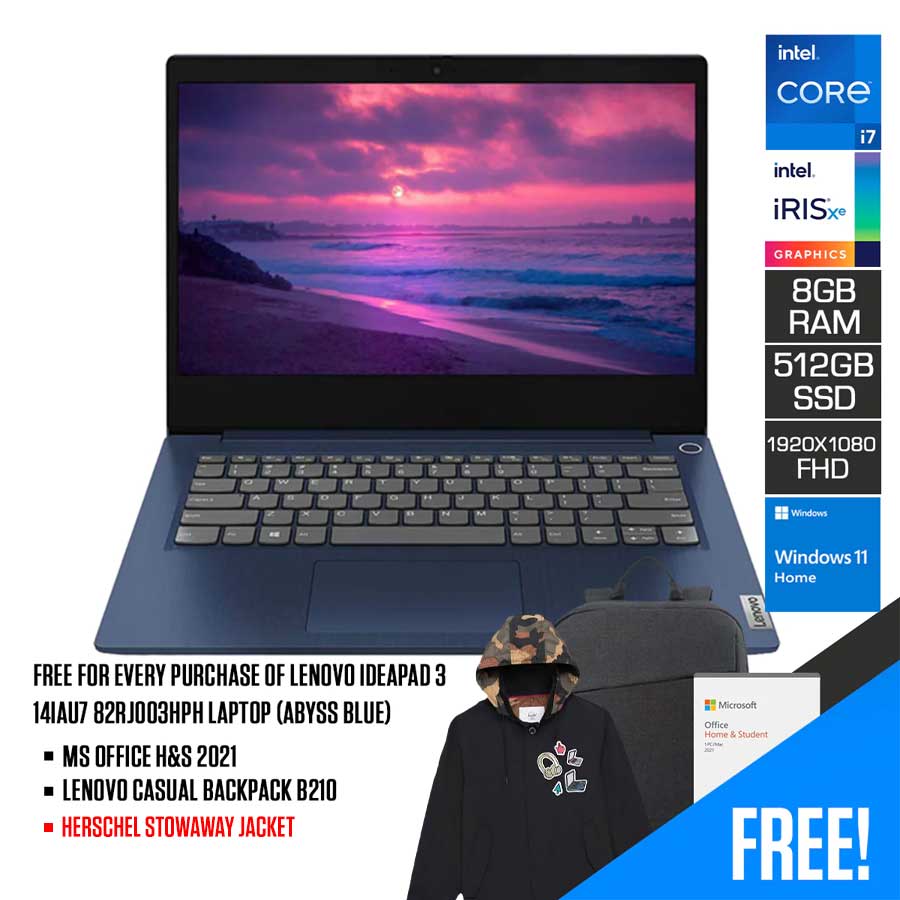LENOVO Ideapad 3 14IAU7 82RJ003HPH Laptop (Abyss Blue) | 14” FHD | i7-1255U | 8GB RAM DDR4 | 512 GB SSD | Iris Xe Graphics | Windows 11 Home | MS Office Home & Student 2021 | Lenovo Casual Backpack B210