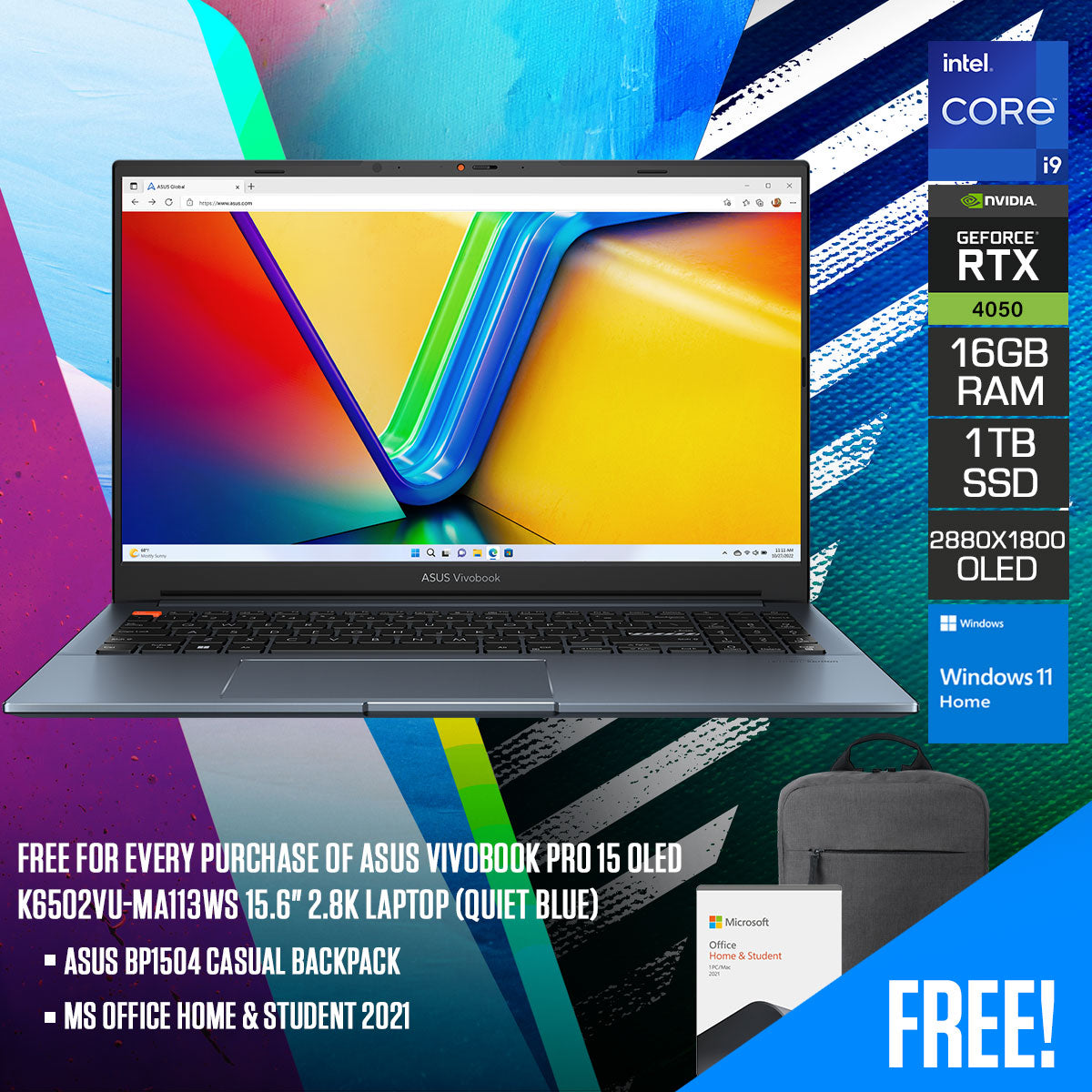 Asus Vivobook Pro 15 OLED K6502VU-MA113WS Laptop (Quiet Blue) | 15.6" 2.8K (2880 x 1800) OLED | i9-13900H | 16GB RAM | RTX 4050 | 1TB SSD | Windows 11 Home | MS Office H&S 2021 | Asus BP1504 Casual Backpack