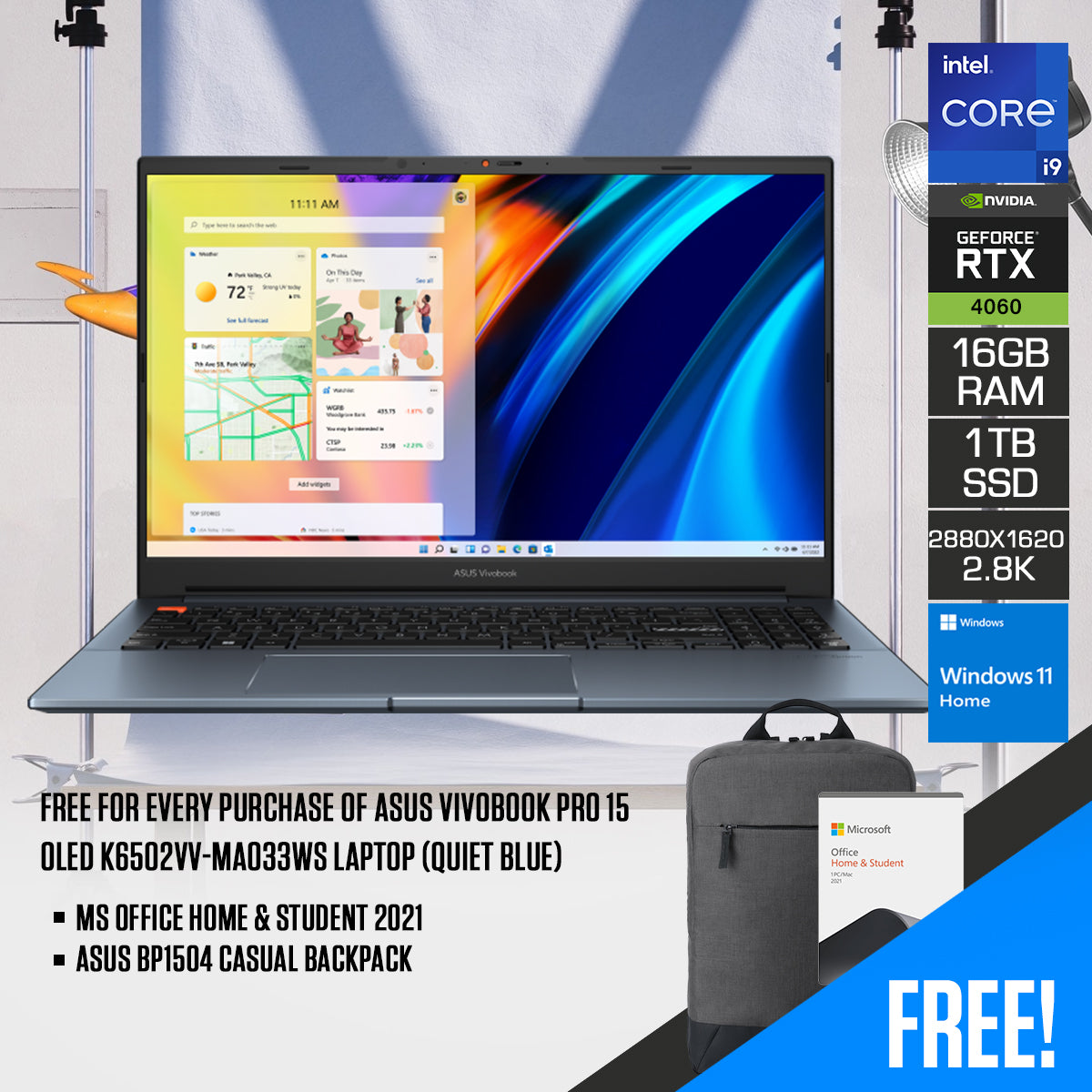 Asus Vivobook Pro 15 OLED K6502VV-MA033WS Laptop (Quiet Blue) | 15.6" 2.8K (2880 x 1620) OLED | i9-13900H | 16 GB RAM | 1 TB SSD | RTX 4060 | Windows 11 Home | MS Office Home & Student 2021 | ASUS BP1504 Casual Backpack