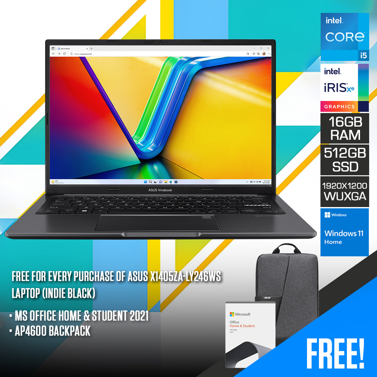 Asus X1405ZA-LY246WS Laptop (Indie Black) | 16" WUXGA 16:10 IPS | i5-1235U | 16GB RAM | 512GB SSD | Iris Xe | Windows 11 Home | MS Office Home & Student 2021 | AP4600 Backpack