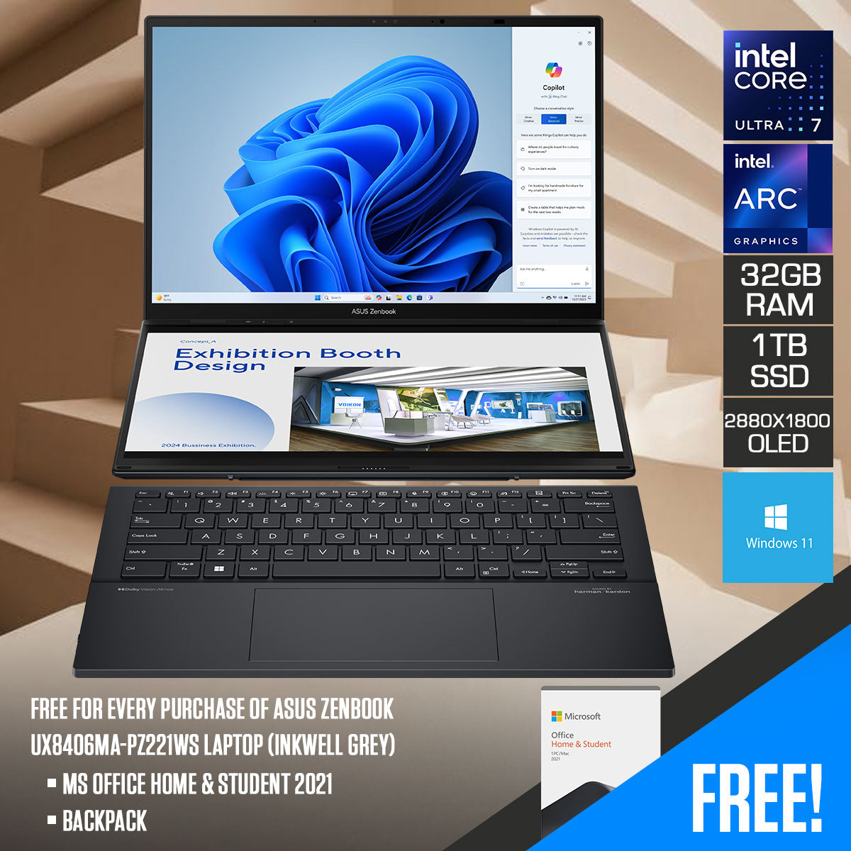 Asus Zenbook UX8406MA-PZ221WS Laptop (Inkwell Grey) | 14" 3K OLED 16:10 Touch | Ultra 7 155H | 32GB RAM | 1TB SSD | IRIS ARC | Windows 11 | MS Office Home & Student 2021 | Backpack