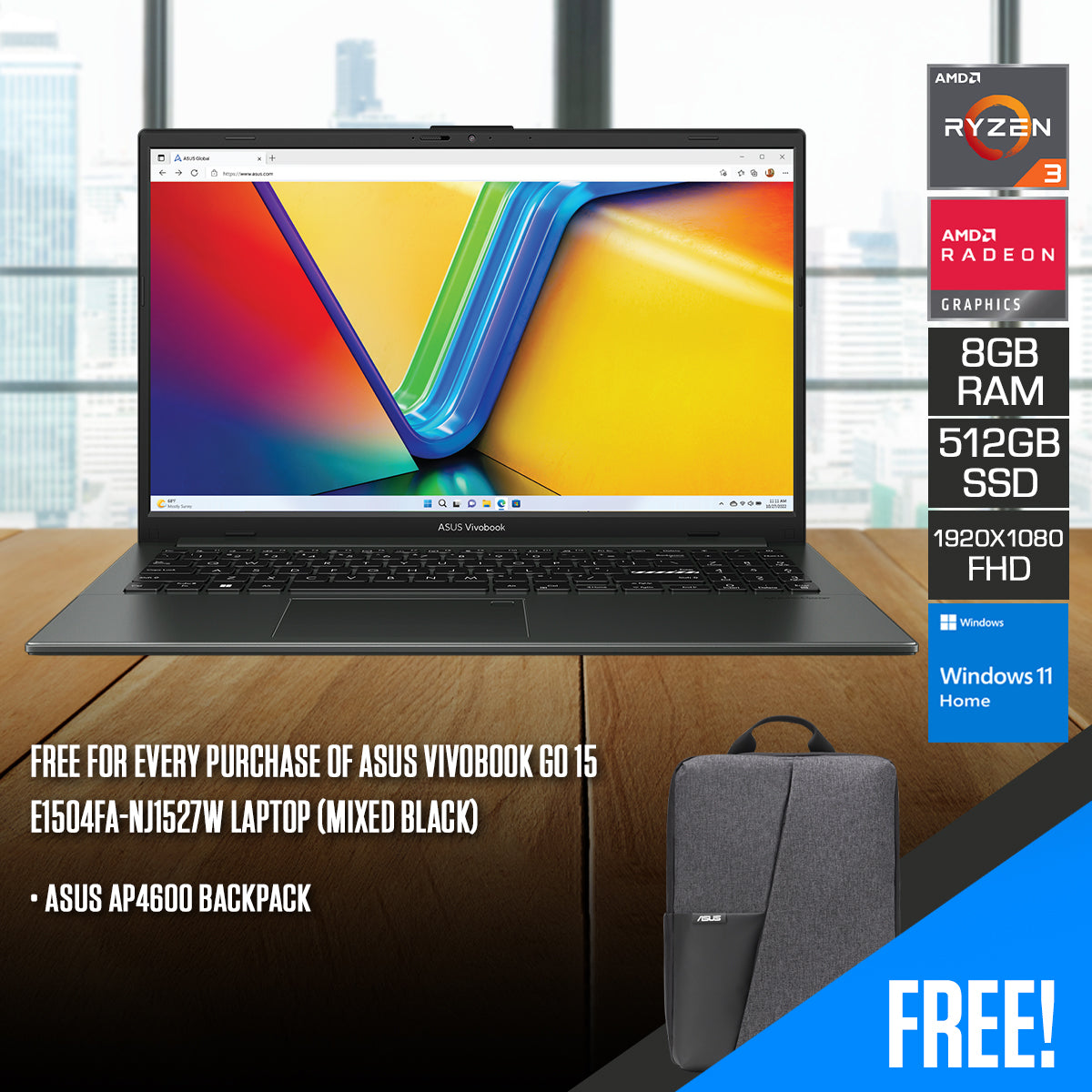 Asus Vivobook Go 15 E1504FA-NJ1527W Laptop (Mixed Black)