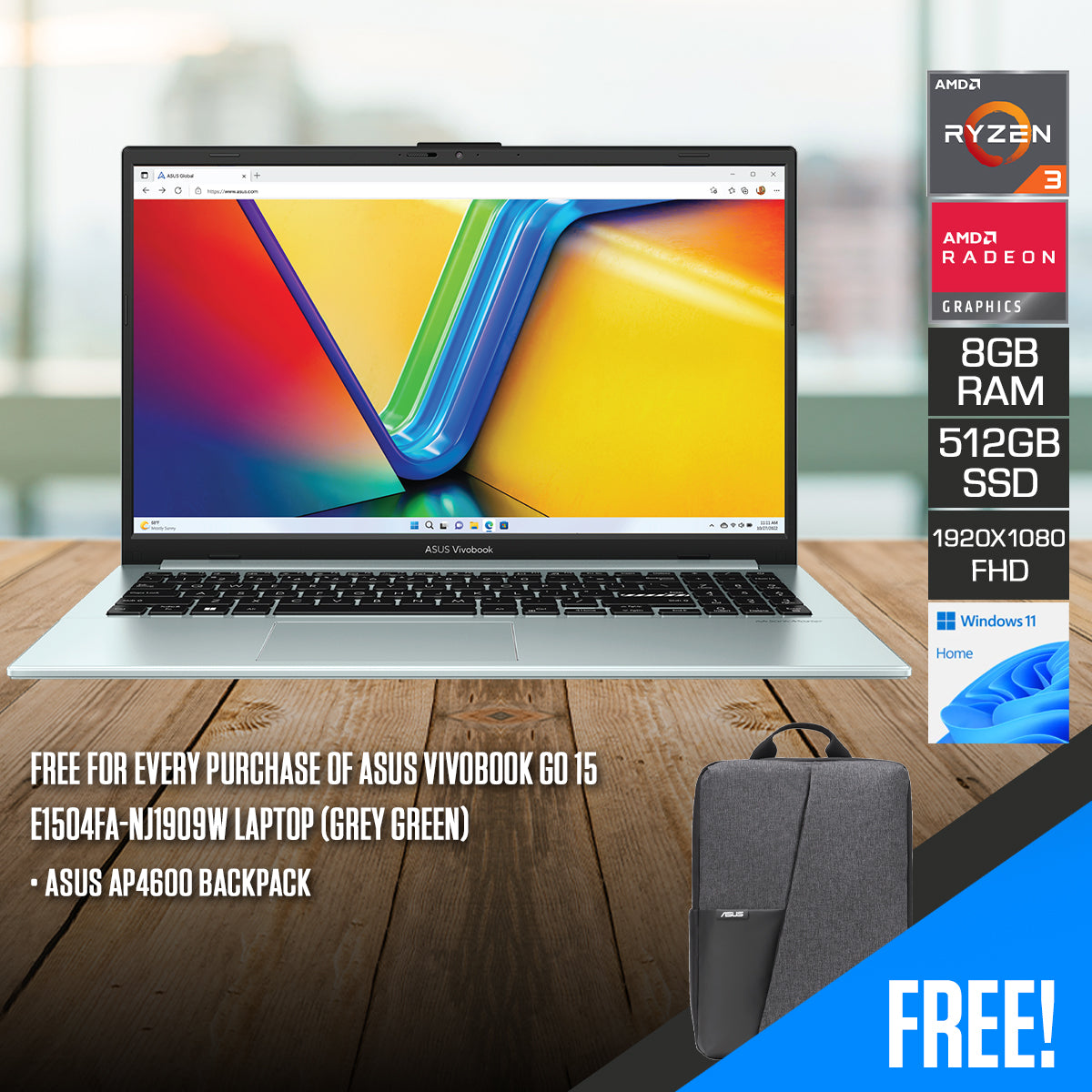 Asus Vivobook Go 15 E1504FA-NJ1909W Laptop (Grey Green)