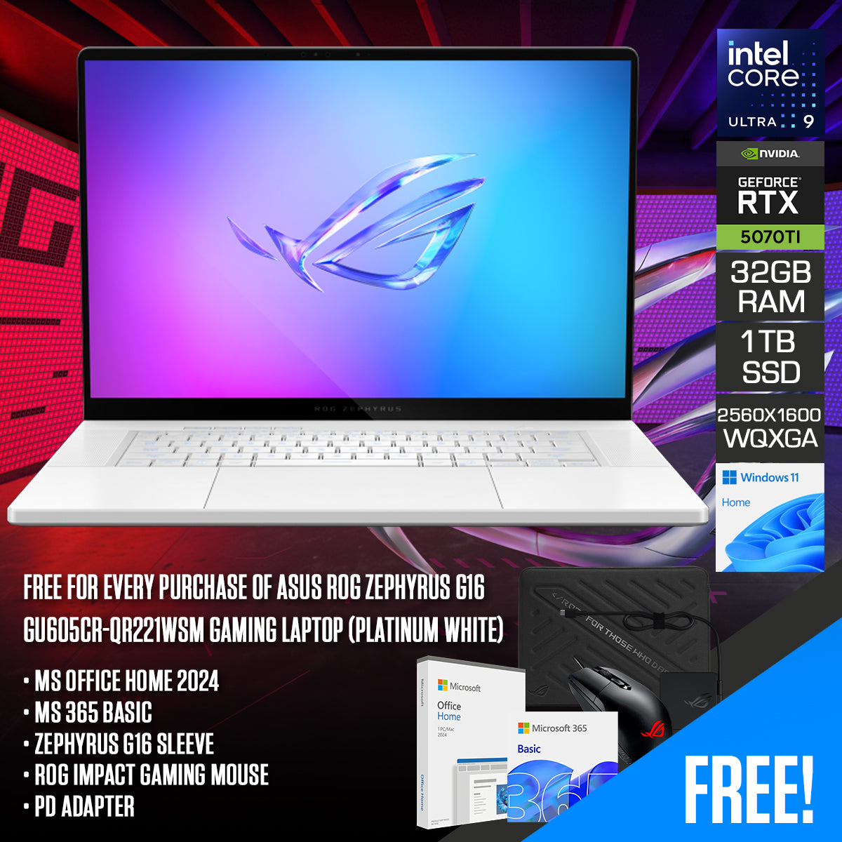 Asus ROG Zephyrus G16 GU605CR-QR221WSM Gaming Laptop (Platinum White