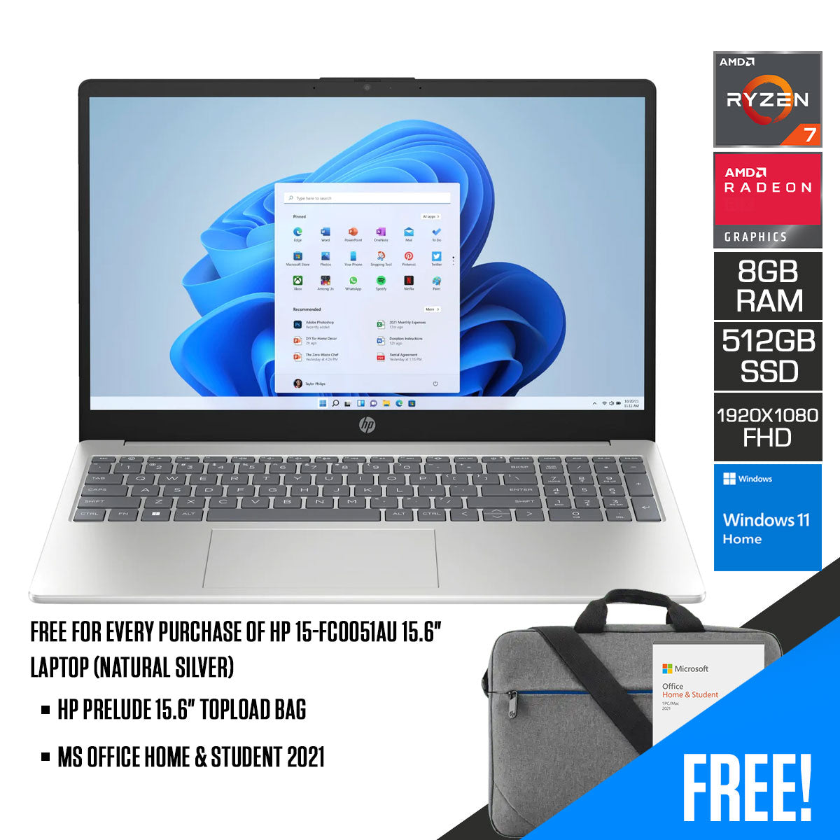 HP 15-FC0051AU 15.6" Laptop (Natural Silver) | FHD (1920x1080) | Ryzen 7 7730U | 8GB RAM | 512 GB SSD | AMD Radeon Graphics | MS Office Home & Student 2021 | HP Prelude 15.6" Topload Bag