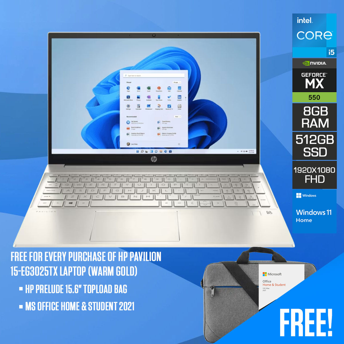 HP Pavilion 15-EG3025TX Laptop (Warm Gold) | 14" FHD (1920X1080) | I5-1335U | 8GB RAM | 512GB SSD | Nvidia GeForce MX550 | Windows 11 Home | MS Office Home & Student 2021 | HP Prelude 15.6" Topload Bag