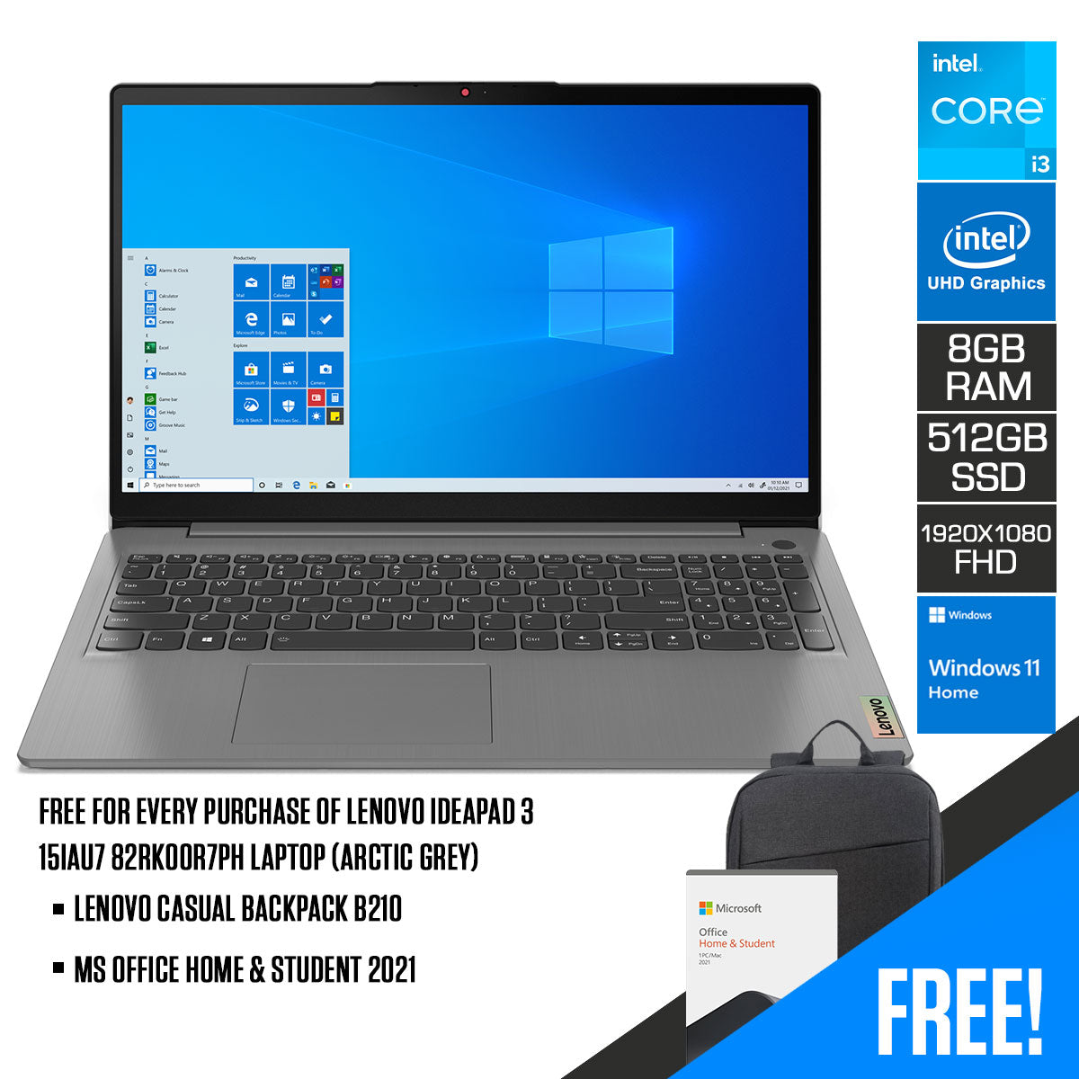 Lenovo Ideapad 3 15IAU7 82RK00R7PH Laptop (Arctic Grey) | 15.6” FHD | i3-1215U | 8 GB RAM | 512 GB SSD | Intel UHD Graphics | Windows 11 Home | MS Office Home & Student 2021 | Lenovo Casual Backpack B210