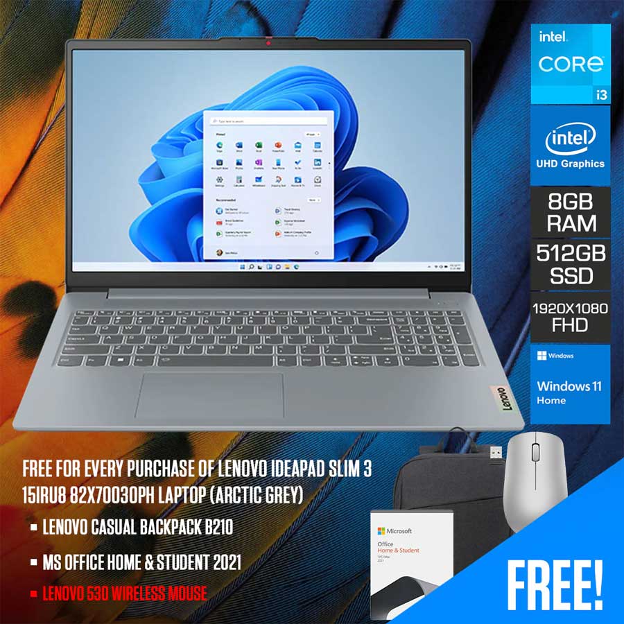 Lenovo Ideapad Slim 3 15IRU8 82X70030PH Laptop (Arctic Grey) | 15.6" FHD (1920x1080) | i3 1305U | 8GB RAM | 512GB SSD | Intel UHD Graphics | Windows 11 Home | MS Office Home & Student 2021 | Lenovo Casual Backpack B210
