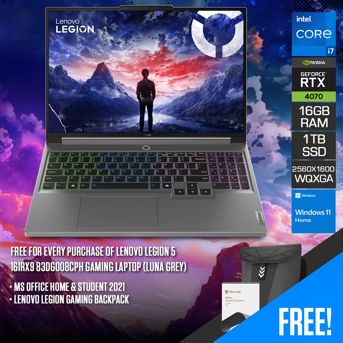 Lenovo Legion 5 16IRX9 83DG008CPH Gaming Laptop (Luna Grey) | 16" WQXGA (2560x1600) IPS 240Hz | i7-14650HX | 2x8GB RAM | 1TB SSD | RTX 4070 | Windows 11 Home | MS Office Home & Student 2021 | Lenovo Legion Gaming Backpack