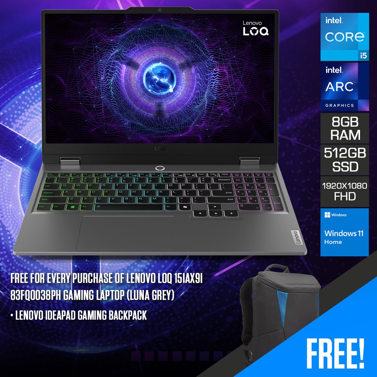 Lenovo LOQ 15IAX9I 83FQ0038PH Gaming Laptop (Luna Grey)