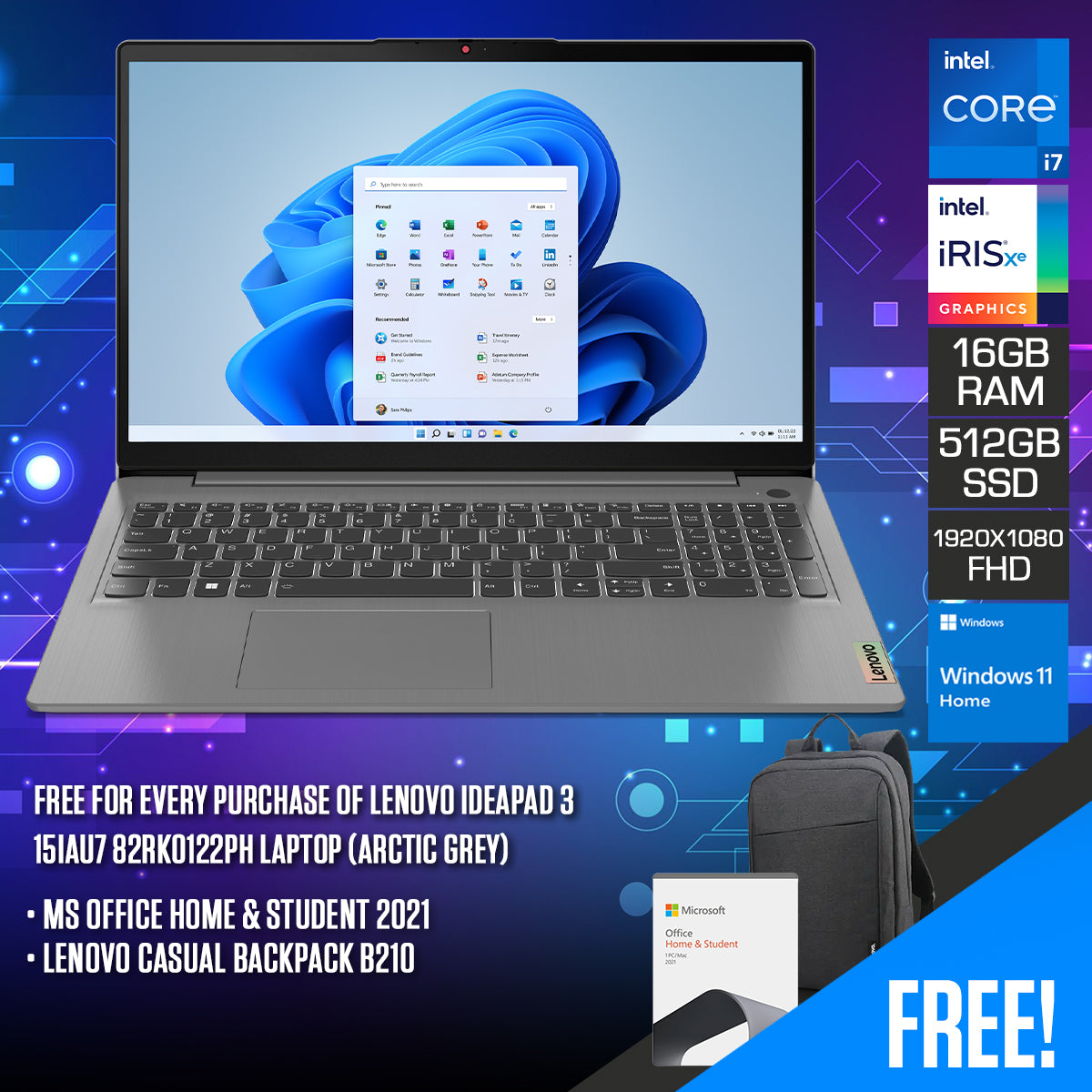 Lenovo Ideapad 3 15IAU7 82RK0122PH Laptop (Arctic Grey)