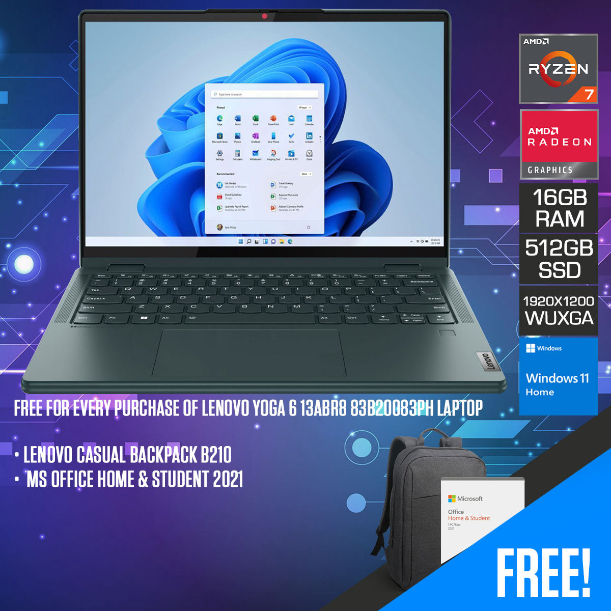 Lenovo Yoga 6 13ABR8 83B20083PH Laptop (Dark Teal) | 13.3” WUXGA (1920x1200) | Ryzen 7 7730U | 16GB RAM | 512GB SSD | AMD Radeon Graphics | Windows 11 Home | MS Office Home & Student 2021 | Lenovo Casual Backpack B210
