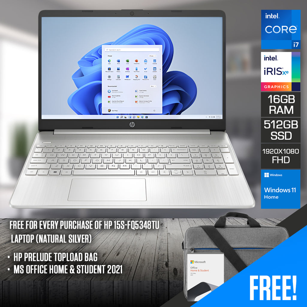 HP 15S-FQ5348TU Laptop (Natural Silver) FHD (1920x1080) i7-1255U 16GB RAM 512GB SSD Intel Iris Xe Windows 11 Home Ms Office Home