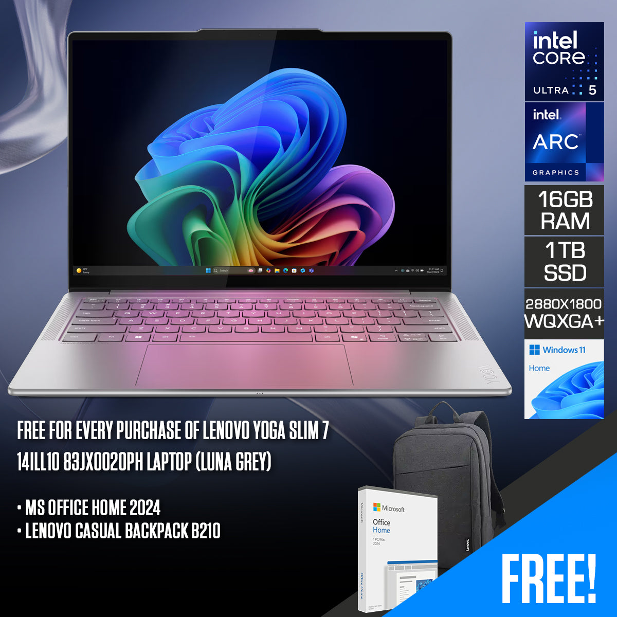 Lenovo Yoga Slim 7 14ILL10 83JX0020PH Laptop (Luna Grey) | 14" 2.8K WQXGA+ (2880x1800) OLED 120Hz | Intel Core Ultra 5 226V | 16GB RAM | 1TB SSD | Integrated Intel Arc Graphics 130V | Windows 11 Home | MS Office Home 2024 + Lenovo Casual Backpack B210