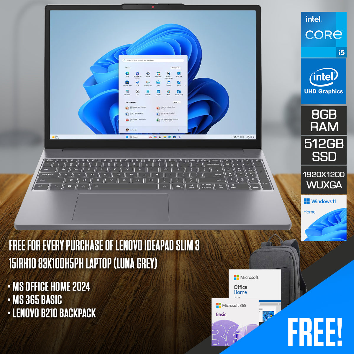 Lenovo IdeaPad Slim 3 15IRH10 83K100H5PH Laptop (Luna Grey) | DataBlitz