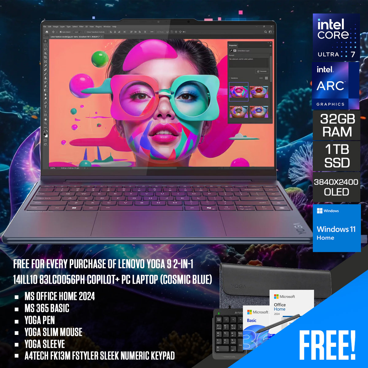 Lenovo Yoga 9 2-in-1 14ILL10 83LC0056PH Copilot+ PC Laptop (Cosmic Blue) | 14" 4K WQUXGA (3840x2400) OLED| Core Ultra 7 258V| 32GB RAM| 1TB SSD| Intel Arc Graphics 140V| Win11 Home| MS OH 2024+ MS 365 Basic+ Pen+ Mouse+ Sleeve+ A4Tech Sleek Numeric Keypad