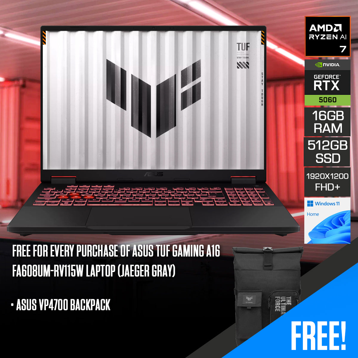 ASUS TUF Gaming A16 FA608UM-RV115W Laptop (Jaeger Gray)