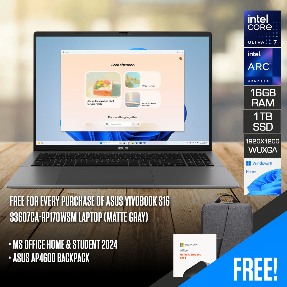 ASUS Vivobook S16 S3607CA-RP170WSM Laptop (Matte Gray)