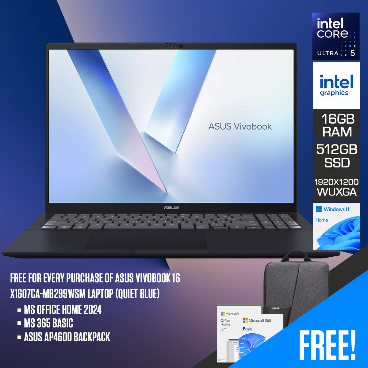 ASUS Vivobook 16 X1607CA-MB299WSM Laptop (Quiet Blue)