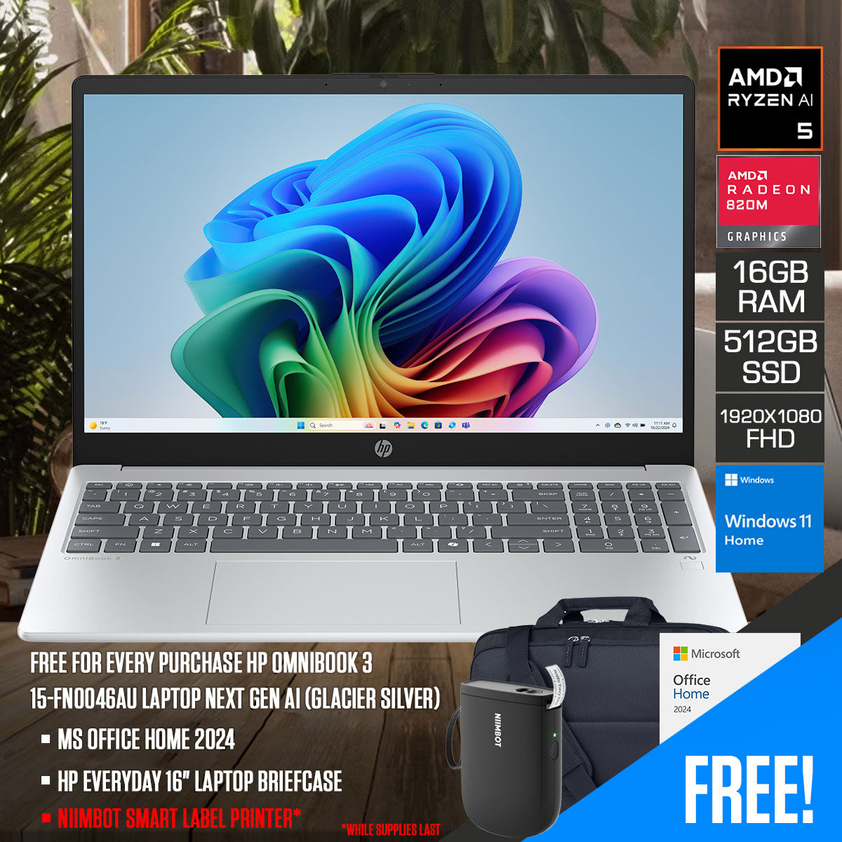 HP OmniBook 3 15-fn0046AU Laptop Next Gen AI (Glacier Silver)