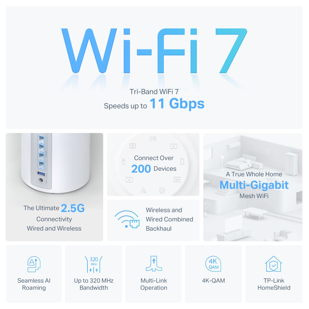 TP-Link Deco BE65 BE11000 Whole Home Mesh WiFi 7 System