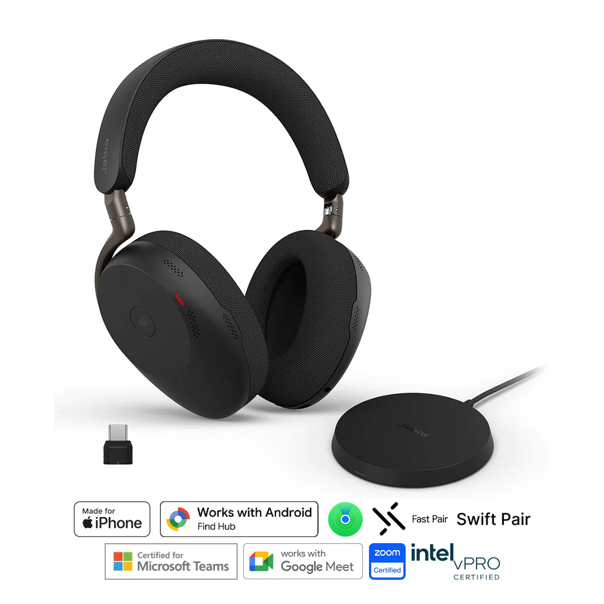 Jabra Evolve3 85 MS link390c USB-C Wireless Headset With Dongle & Wireless Charging Pad (Black)