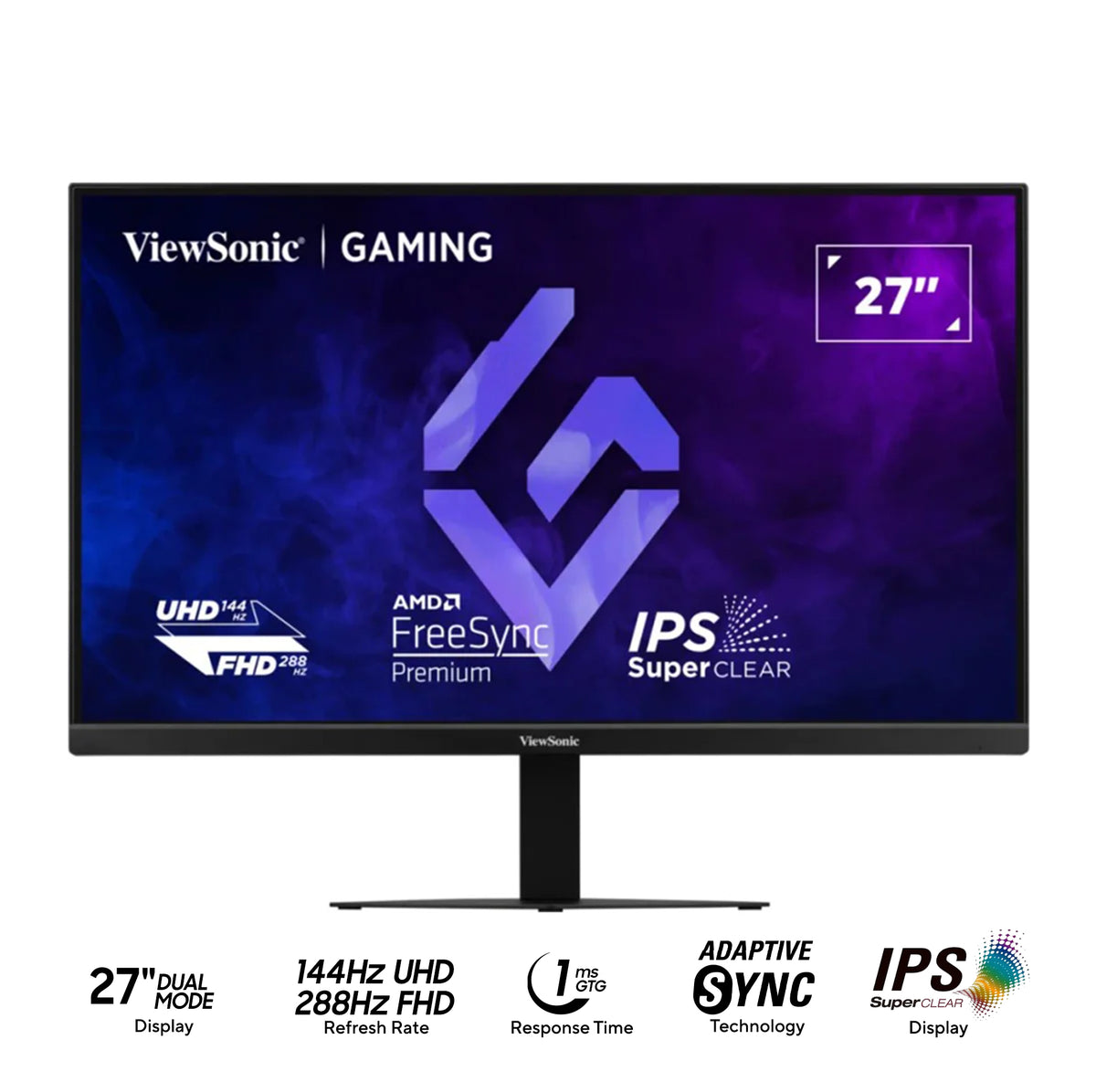 ViewSonic XG2730D-4K 27" Dual Mode UHD 144Hz/ FHD 288Hz 1ms MPRT SuperClear IPS Esports Gaming Monitor with Height/ Tilt/ Pivot Adjustment