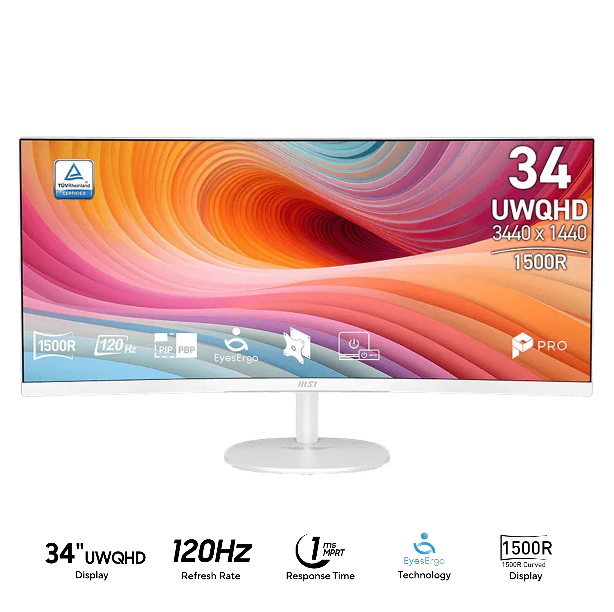 MSI Pro MP341CQW E12 34" UWQHD (3440x1440) 120Hz 1ms MPRT/4ms GTG VA Business & Productivity Monitor with Tilt Adjustment (White)