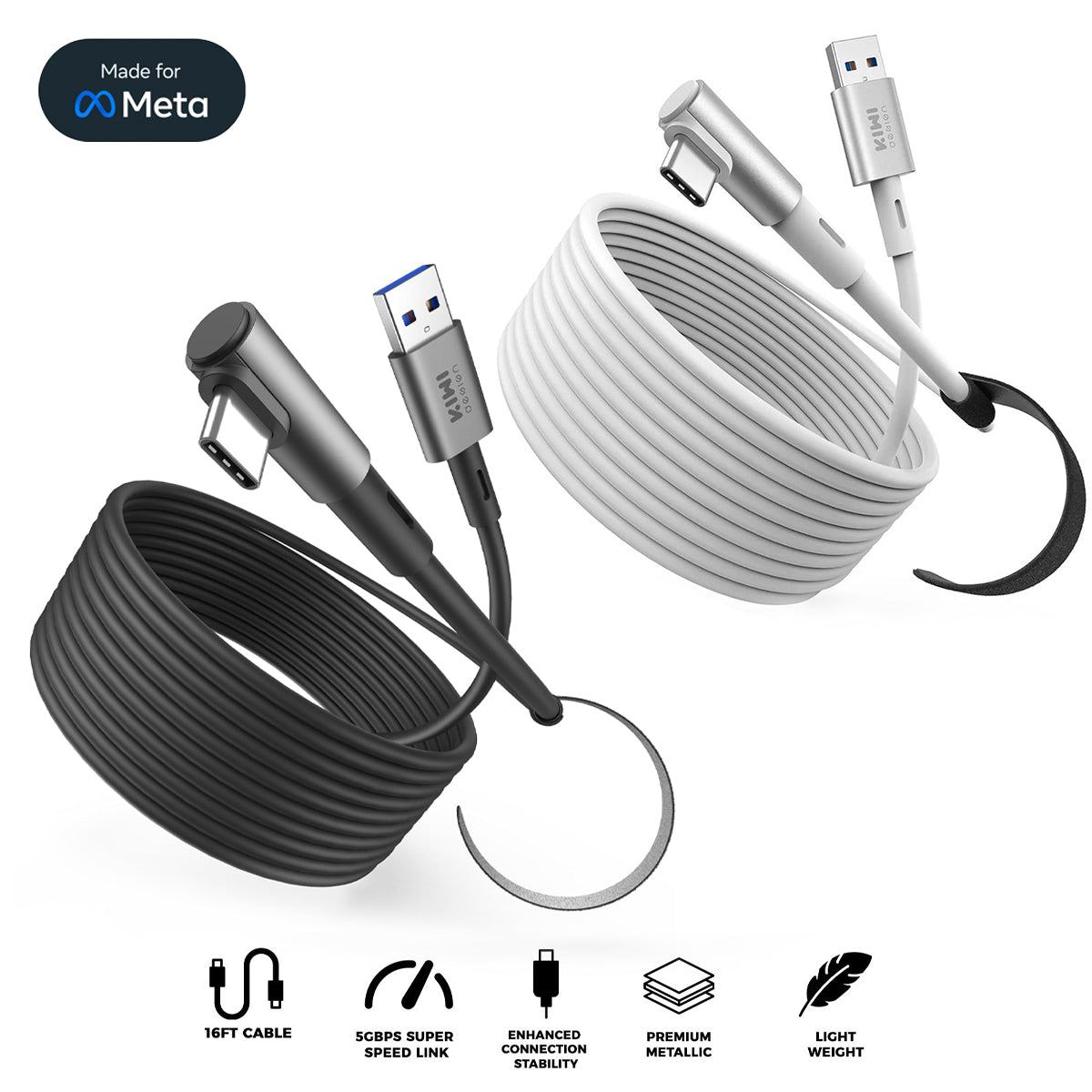 Kiwi Design Link Cable 16Ft (5M) for Meta Quest 2/3/Pro/3S/Pico (Black, White) (QC-8)