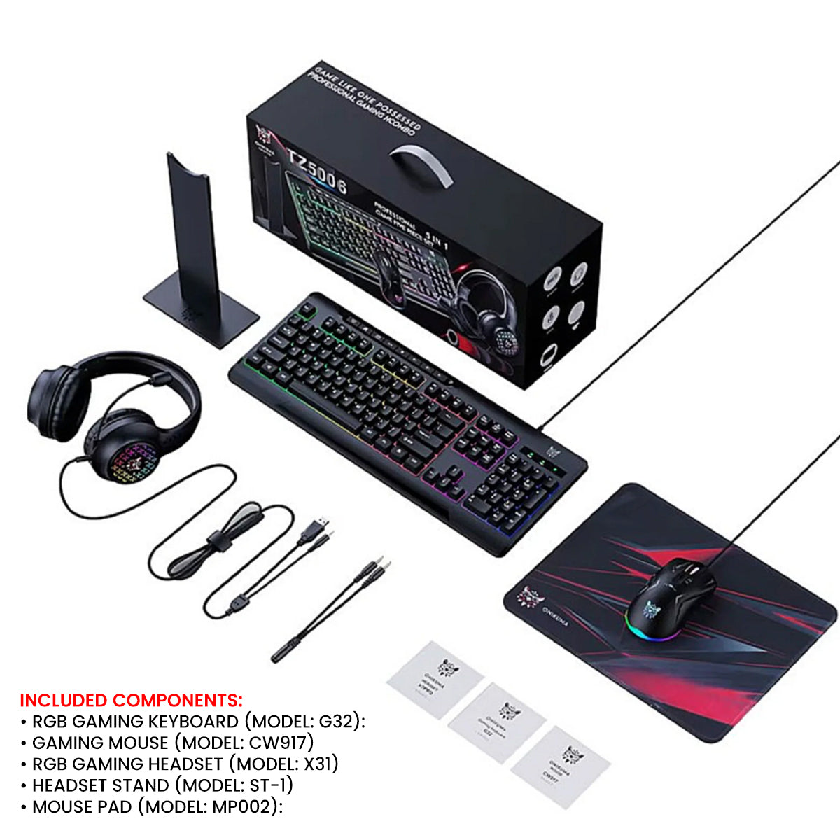 Onikuma TZ5008 5-in-1 RGB Keyboard / Mouse / Headset / Mousepad / Headset Stand Gaming Combo (Black)