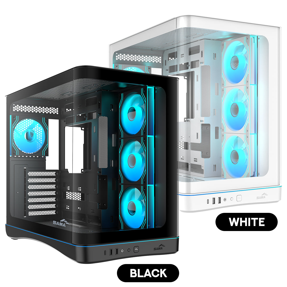Sama V62S Mid-Tower Curved Panoramic TG Panel PC Case with 4x Pre-Installed ARGB Infinity Fans