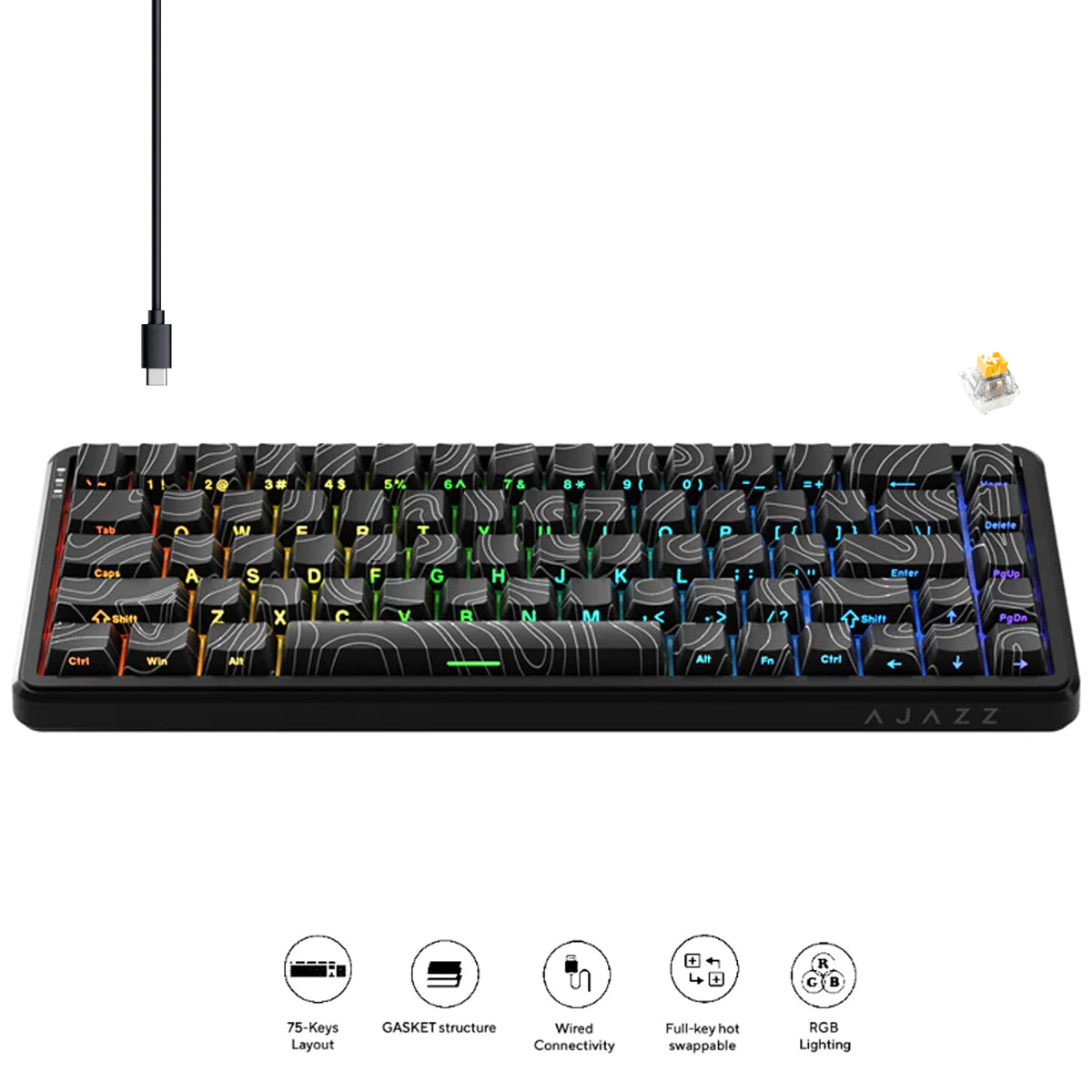 Ajazz AK680 Max RGB Wired 68-Keys Gasket-Mounted Hot Swappable Mechanical Keyboard (Contour Black) (Magnetic Grain Hifi Switch)