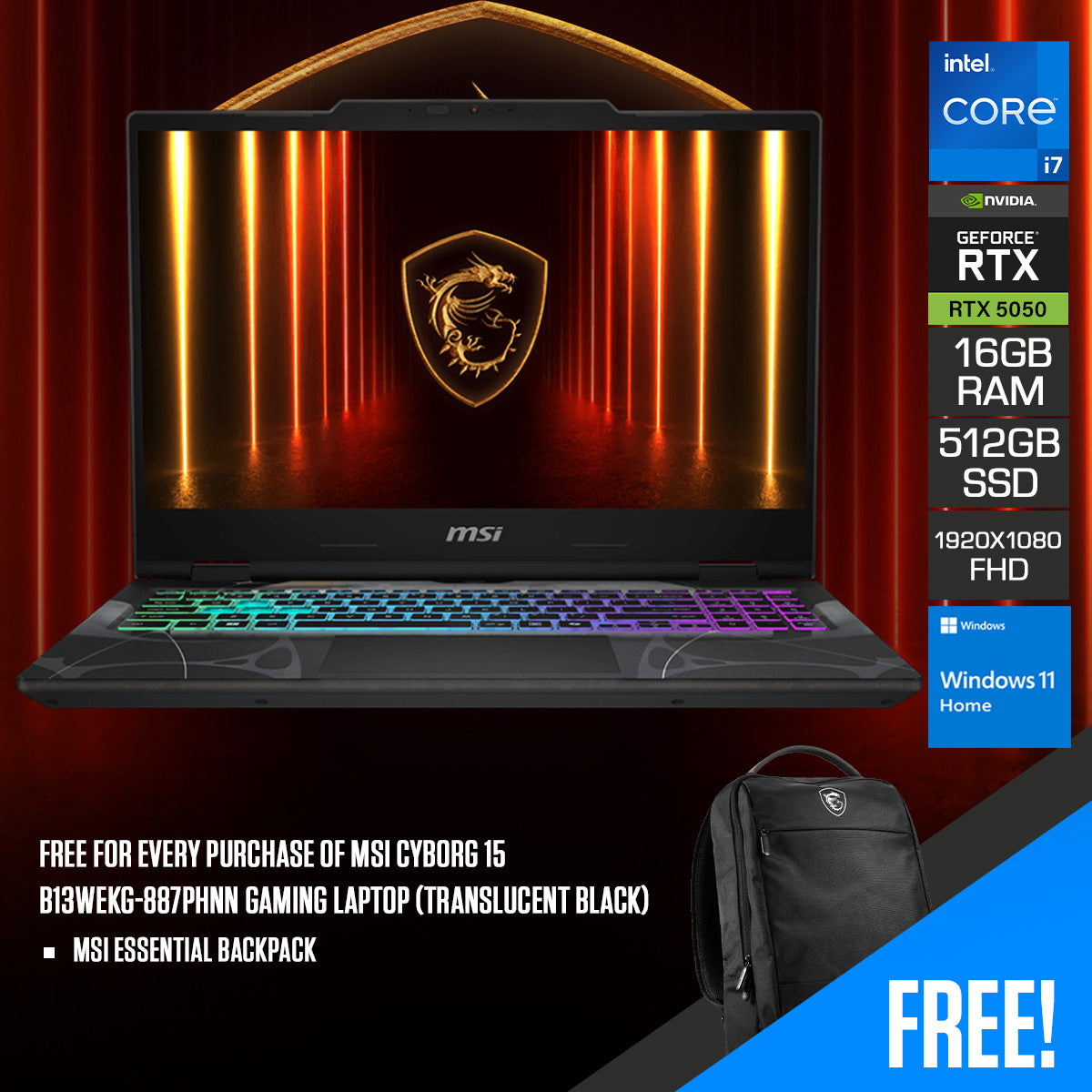 MSI Cyborg 15 B13WEKG-887PHNN Gaming Laptop (Translucent Black)