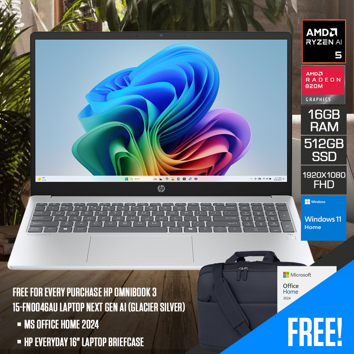 HP OmniBook 3 15-fn0046AU Laptop Next Gen AI (Glacier Silver)
