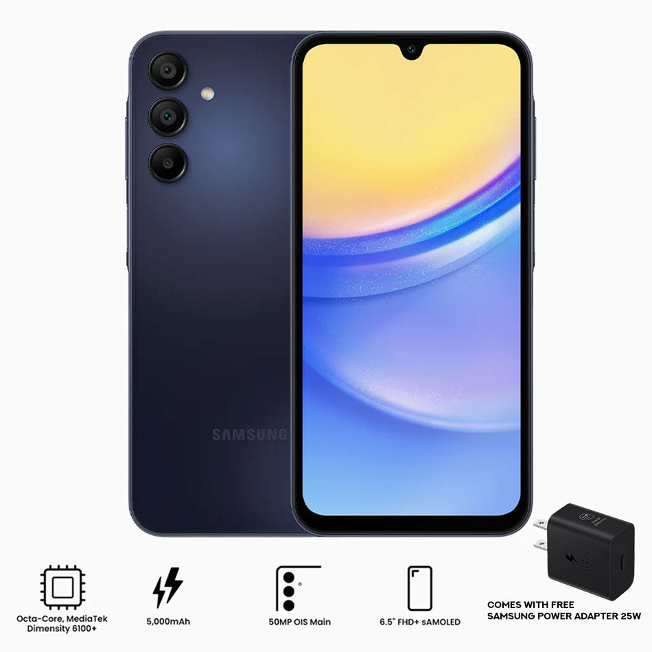Samsung Galaxy A15 5G SM-A156E/DSN (Blue Black) | 256GB+8GB RAM | 5G/LTE + Wi-Fi | 6.5" FHD + Samoled Infinity-U (90Hz) | Android 14 | Octa-Core Mediatek Dimensity 6100+ (6nm) | 50MP + 13MP | 5000mAh