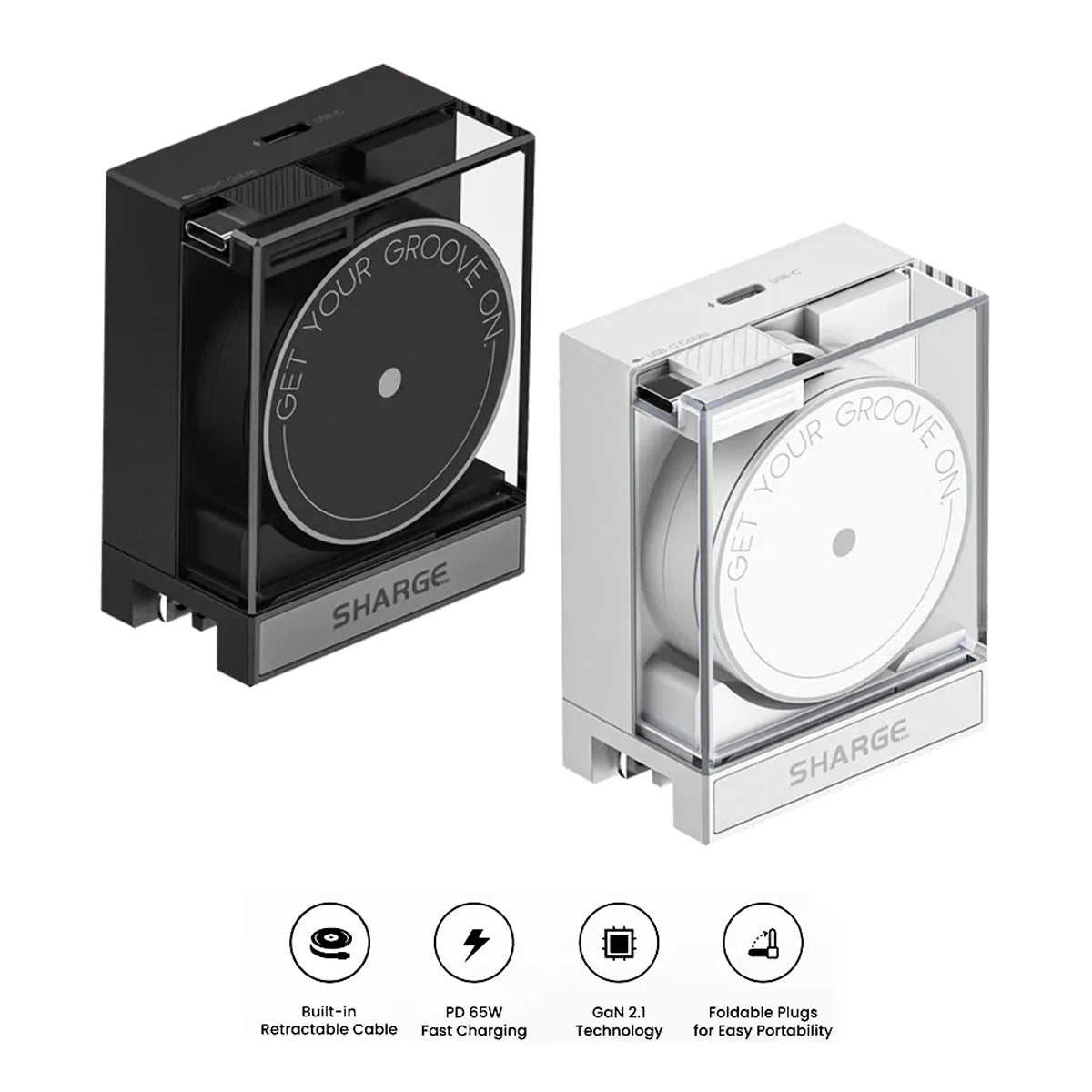 Sharge Retractable 65 USB-C Charger (White, Black) (S4U)