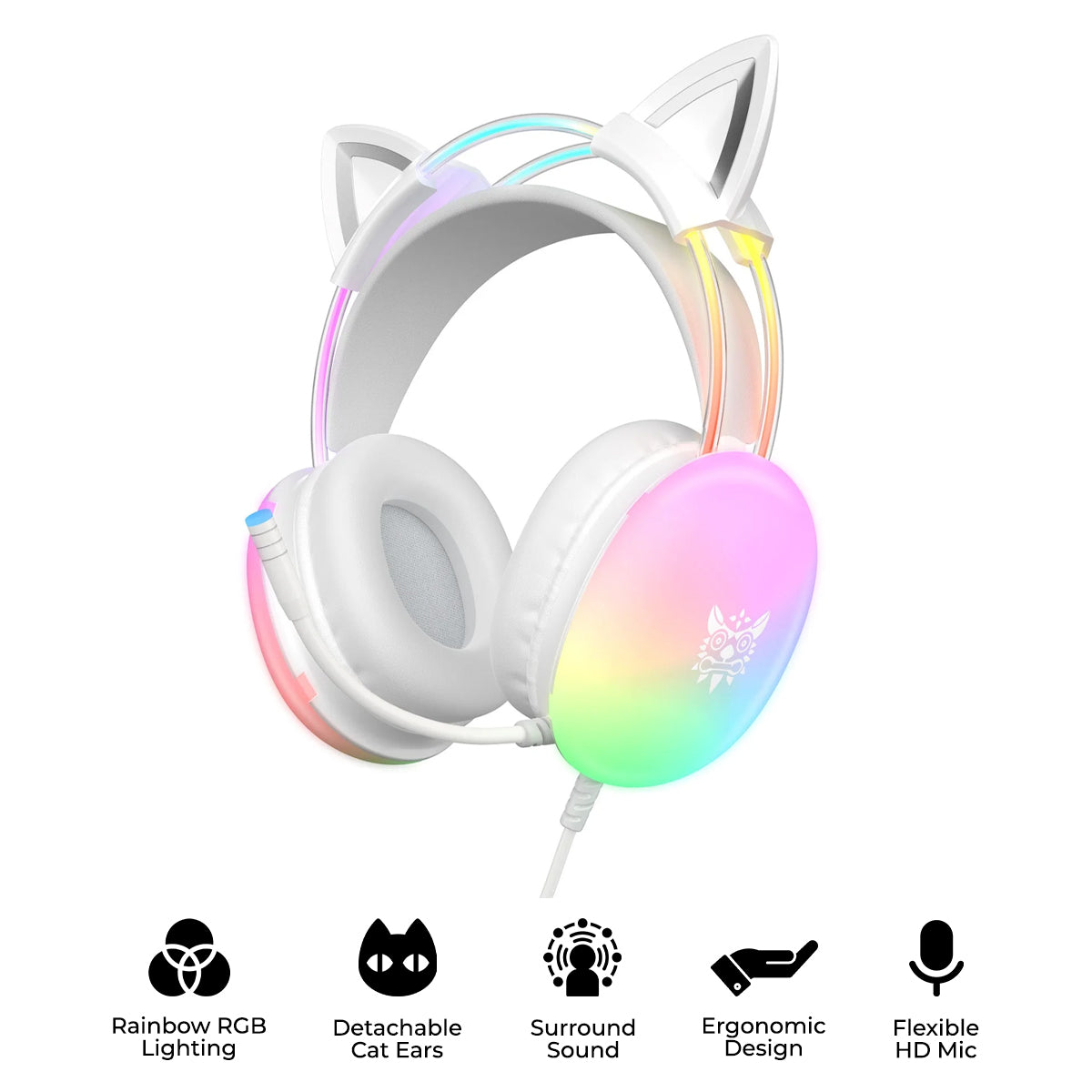 Onikuma X25 Cat Ears RGB Professional Gaming Headset with Noise Cancellation Microphone (White)