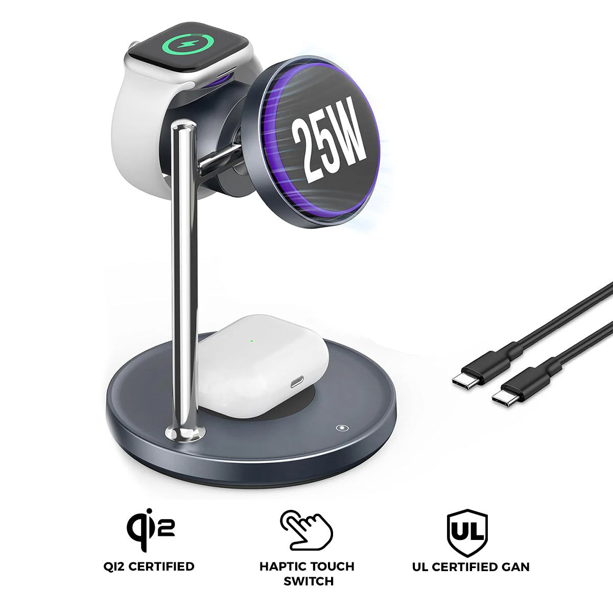 SODI T13W Qi2 25W 3-in-1 Wireless Charger with Silent Cooling Fan for iPhone, Watch & Earbuds (Grey)