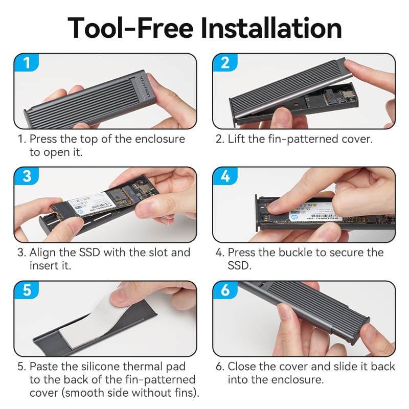 Vention M.2 NVMe & SATA SSD Enclosure (USB 3.2 Gen 2-C) with Heat Sink