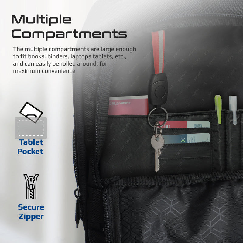 Promate Compact-TR 2-in-1 Large Capacity Trolley Bag Multiple Compartment for 15.6" Laptops