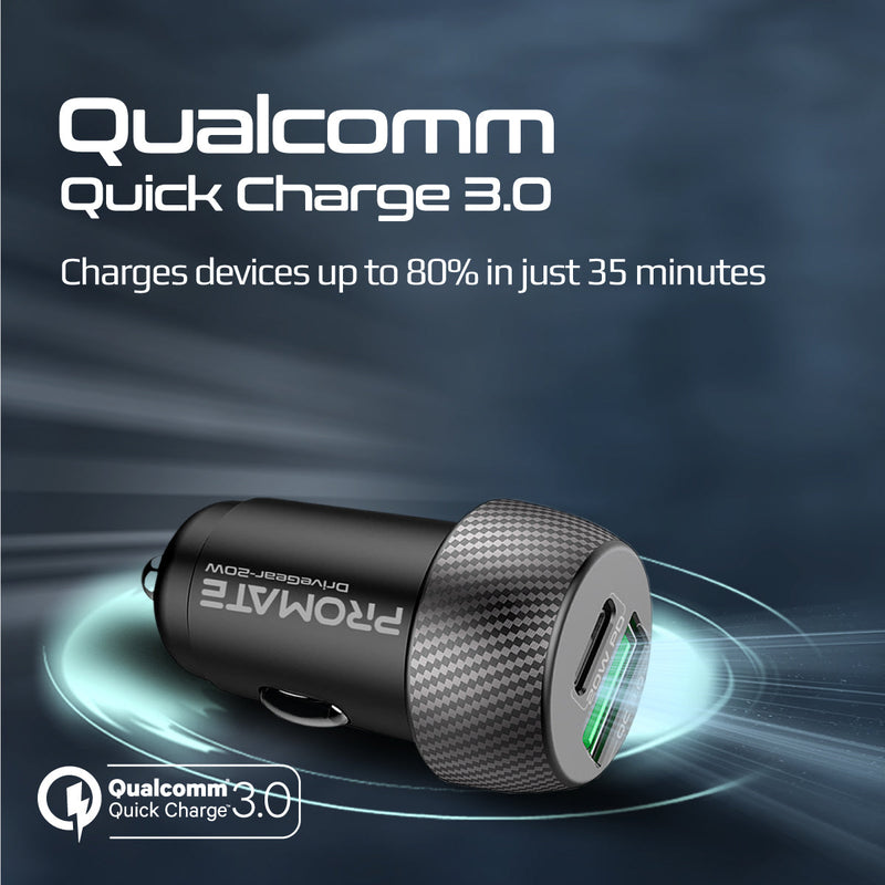 Promate DriveGear-20W 20W USB-C & USB-A Quick Charging Mini Car Charger