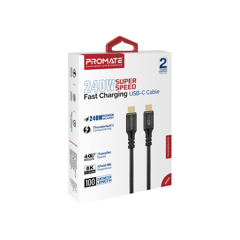 Promate PowerBolt240-1M 240W 40Gbps Thunderbolt 3 100cm Super Speed Fast Charging USB-C Cable