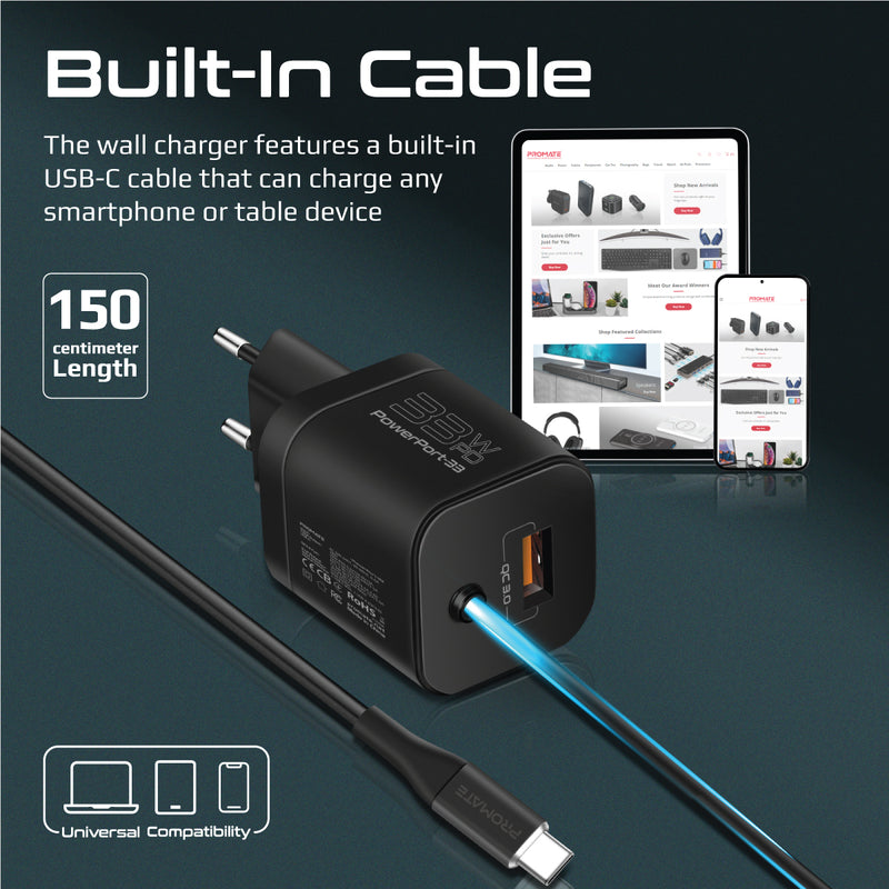 Promate Powerport-PDQC3.EU 33W Super Speed Wall Charger