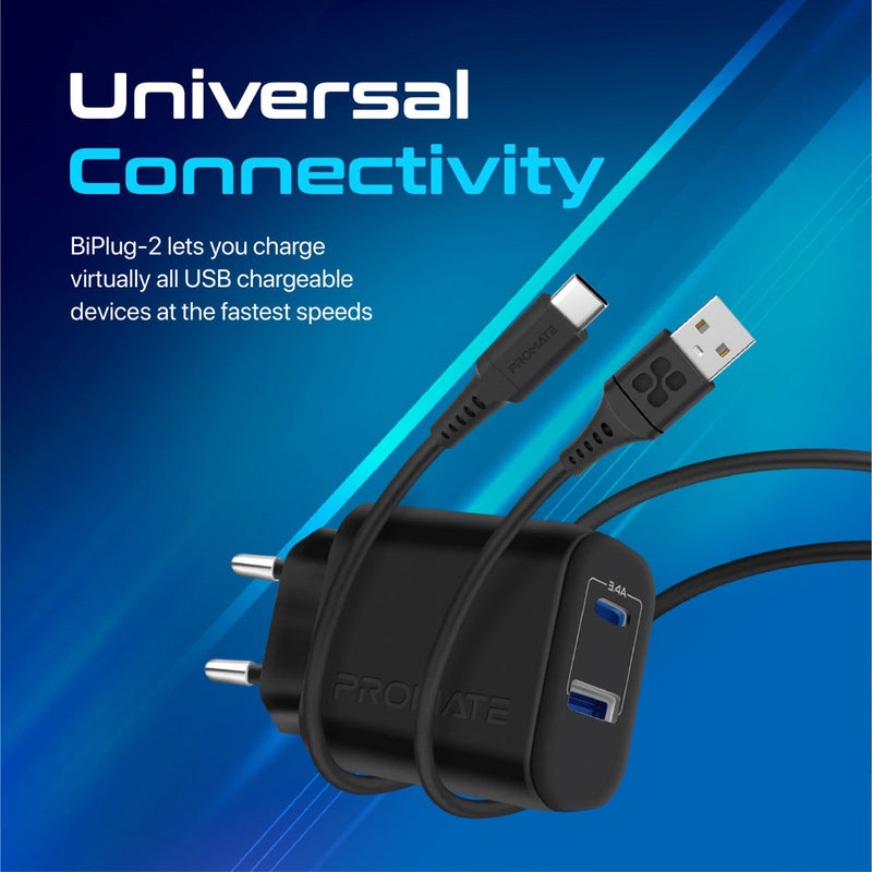 Promate Biplug-2 Ultra Compact Dual Port 17W Fast Charger USB-C USB-A Universal Compatibility EU (Black)
