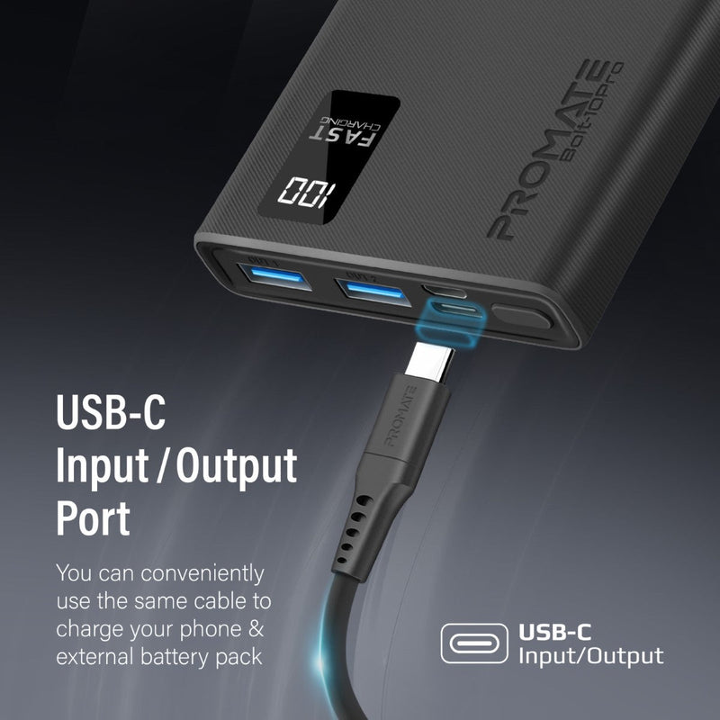 Promate PRO Dual USB-A USB-C Output Smart Super Charging Super Slim Power Bank Black