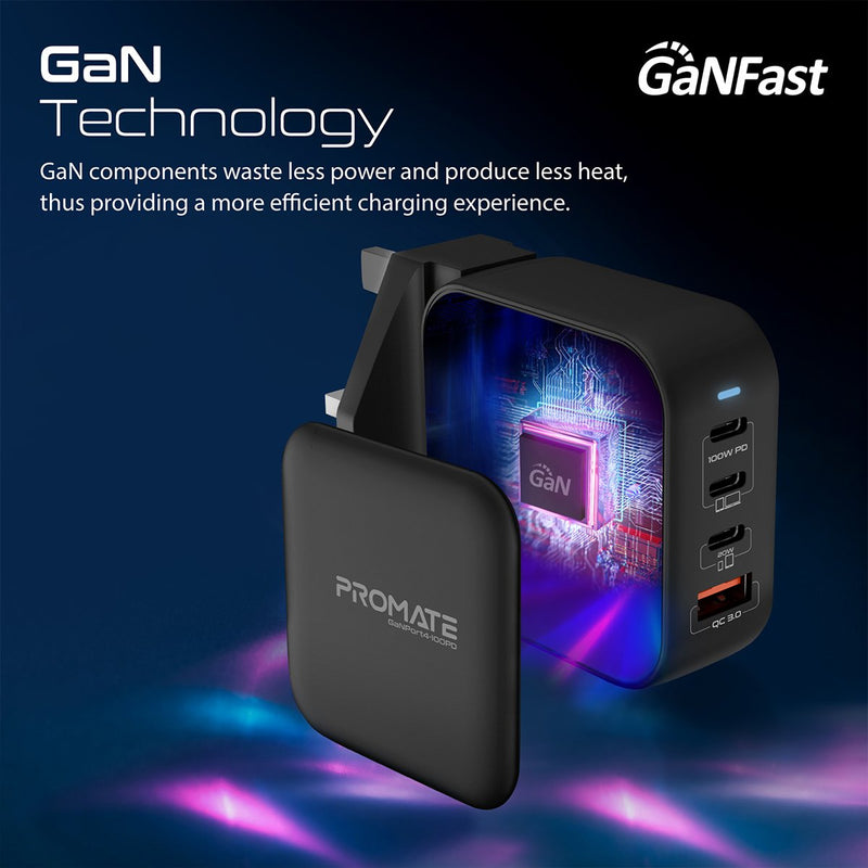 Promate GaNPort4-100PD 100W Power Delivery GaNFast Charger with Quick Charge 3.0 (Black)
